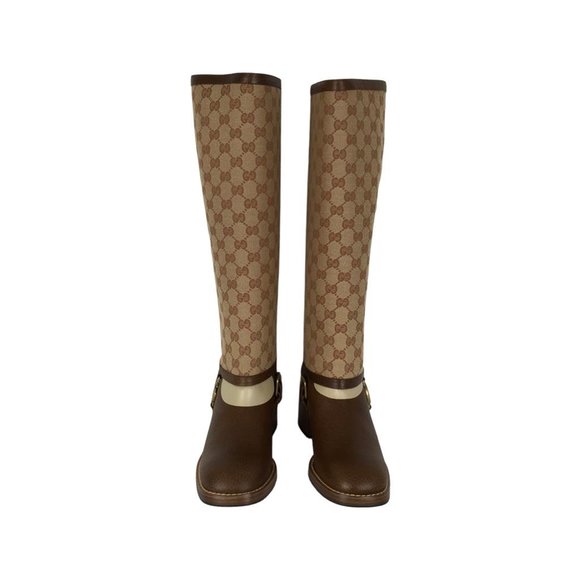 Gucci Women's Ruggine Cuir Monogram GG Print Removable Gaiter Boots DM15 - Picture 2 of 13